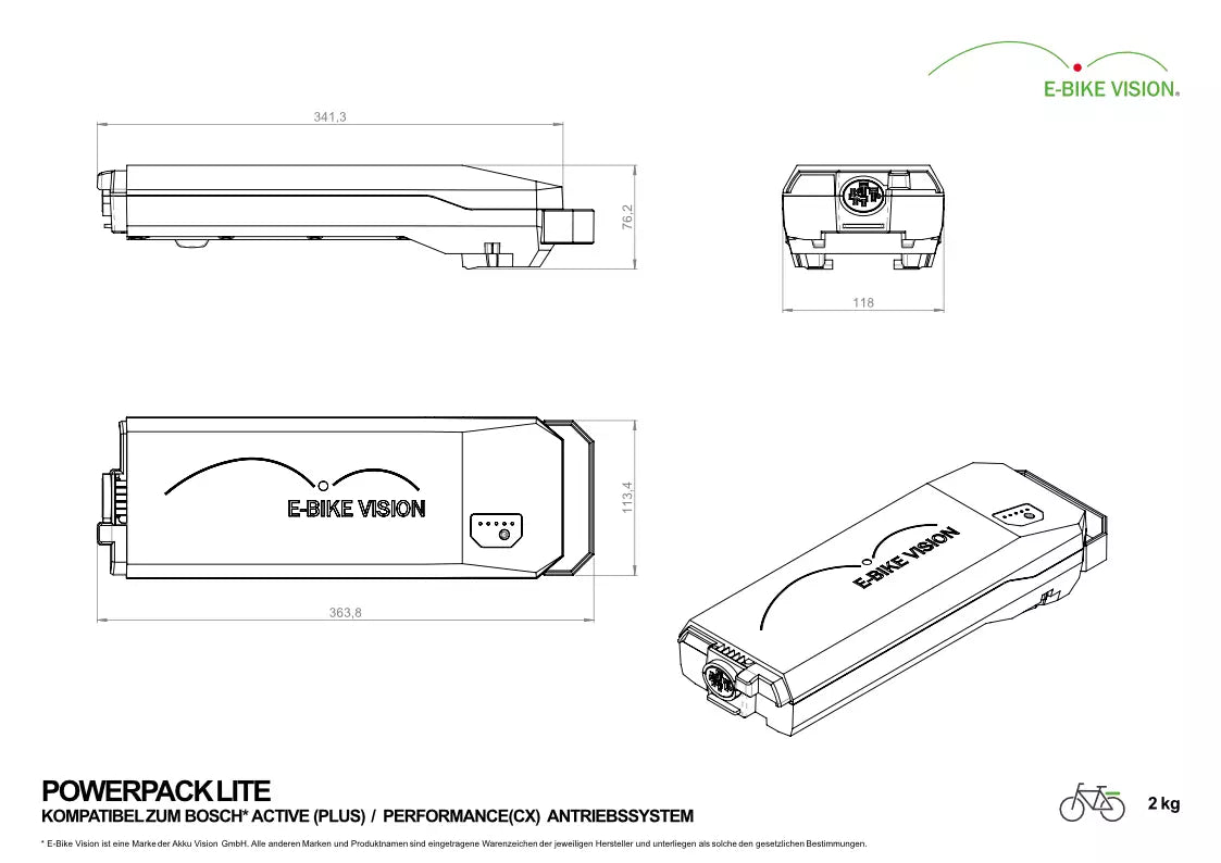 E-BIKE VISION - EBV BATTERIE DE PORTE-BAGAGES POWERPACK LITE COMPATIBLE BOSCH ACTIVE (PLUS) / PERFOR