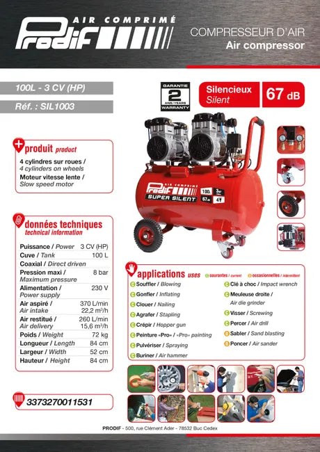 Compresseur d’atelier silencieux PRODIF 100 l 3 cv SIL1003