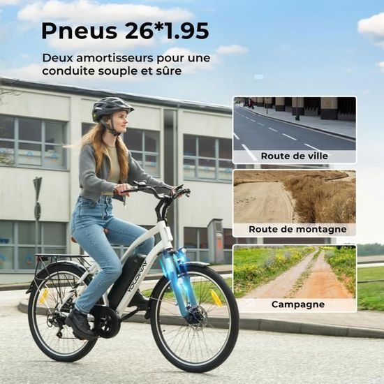 YOLOWAY C10 Vélo Électrique 26″ – Moteur 250W – Batterie Amovible 36V 12.5Ah – Autonomie 90km