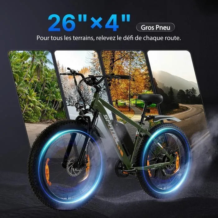 SPATIAL Vélo électrique 26"*4 Vert-Moteur 1000W- Batterie 48V13Ah- Shimano 7 Vitesses - VTT Ville E-Bike