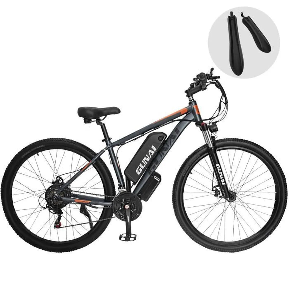 GUNAI GN29 – VTT Électrique 29″ – 750 W – Batterie 48 V 15 Ah – 21 Vitesses – Gris