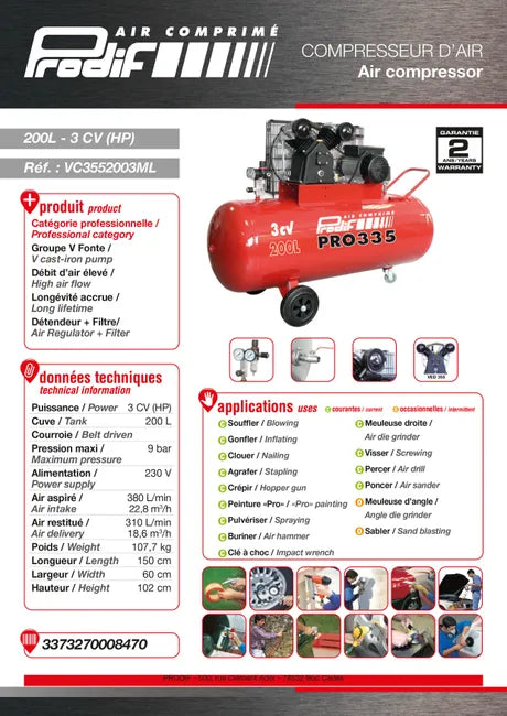 Compresseur de chantier PRODIF 200 L – 3 CV