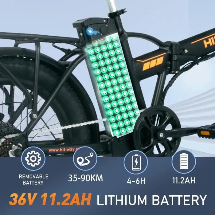 HITWAY BK11 – Vélo Électrique Pliable 20" Fat Bike Noir &amp; Orange – Batterie Amovible 36V 11,2Ah