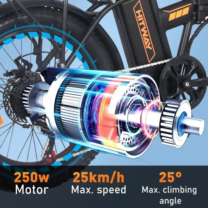 HITWAY BK11 – Vélo Électrique Pliable 20" Fat Bike Noir &amp; Orange – Batterie Amovible 36V 11,2Ah